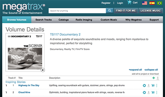 Megatrax website displaying details for documentary music volume TS117 and a track list.