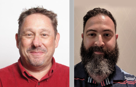 Two headshot portraits of men, one with short hair in a red shirt and one with a large beard in a striped shirt.