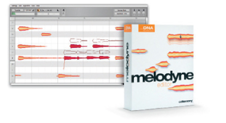 Melodyne Editor software box next to its digital audio editing interface on a white background.