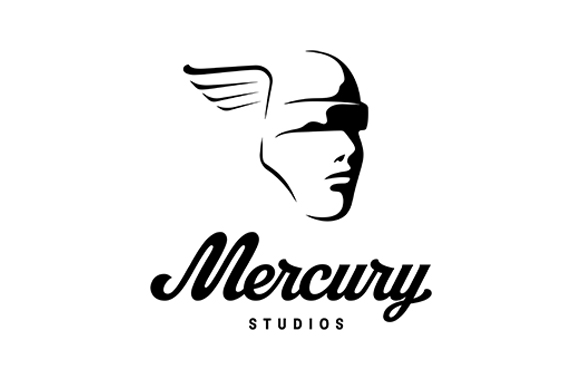 Black and white logo of a winged profile head above the text Mercury Studios.