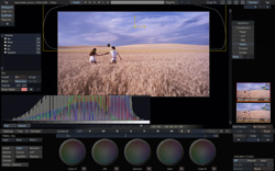 Video editing software interface showing a wide shot of two people running through a wheat field under a cloudy sky.