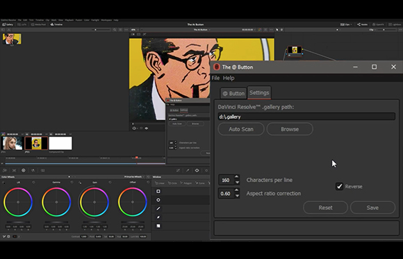 A video editing software interface displaying a color grading panel and a settings window for a plugin.