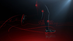 Silhouette of a person running with red anatomical markers and motion lines against a dark background.