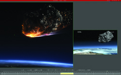 A large, dark, rocky asteroid with glowing orange edges flying over a blue Earth horizon.