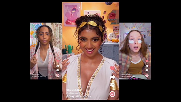 Three women posing for social media videos in different outfits and settings.