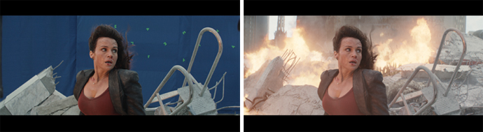 Split screen showing a woman in debris against a blue screen on the left and a fiery explosion on the right.