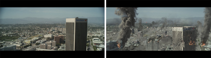 Two side-by-side shots of a city skyline; the left shows a calm city, the right shows buildings on fire with thick smoke.