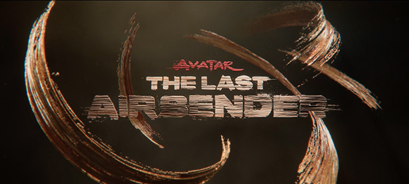 Stylized title text for Avatar: The Last Airbender surrounded by swirling, metallic brushstrokes.
