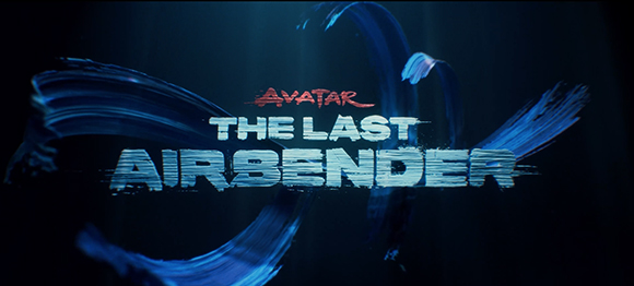 Title card for Avatar: The Last Airbender against a dark background with blue brushstrokes.
