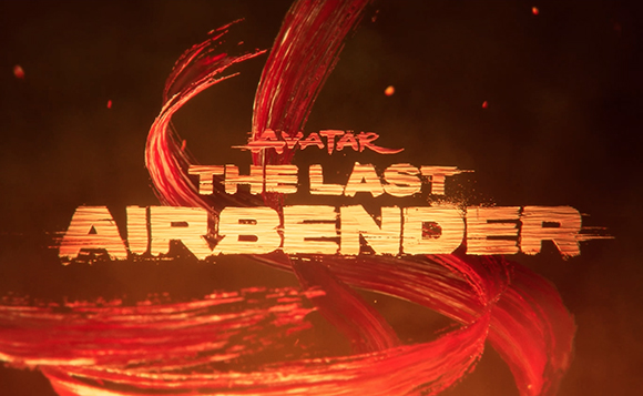 Title card for Avatar: The Last Airbender against a dark red, swirling background.