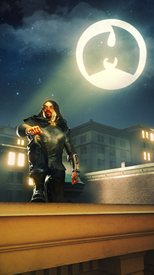 A man in dark leather armor stands on a rooftop at night beneath a large, glowing circular symbol in the sky.