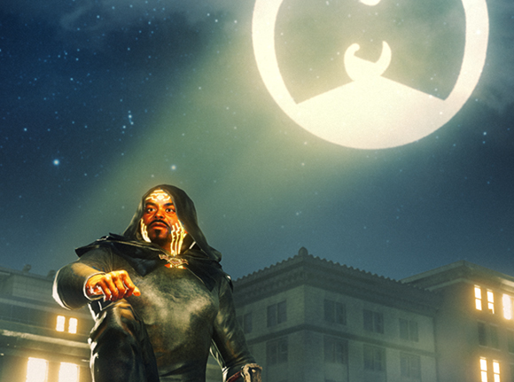 A man in a dark hooded garment looks up at a massive glowing circular symbol in a starry night sky.