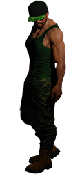 Muscular man wearing a green tank top, camouflage pants, a green cap, and brown boots.