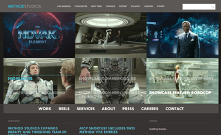 Website homepage displaying a grid of cinematic movie clips and production studio navigation links.