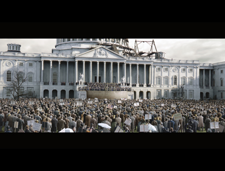 A massive crowd of people stands before a large white neoclassical building under a cloudy sky.