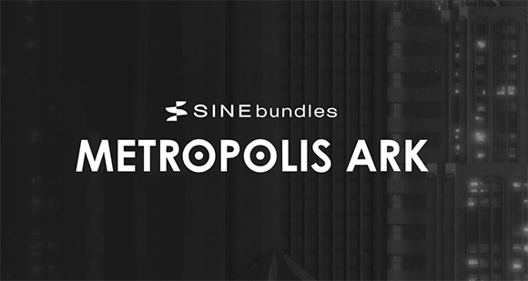 White text reading SINEbundles Metropolis Ark against a dark, blurred cityscape background.