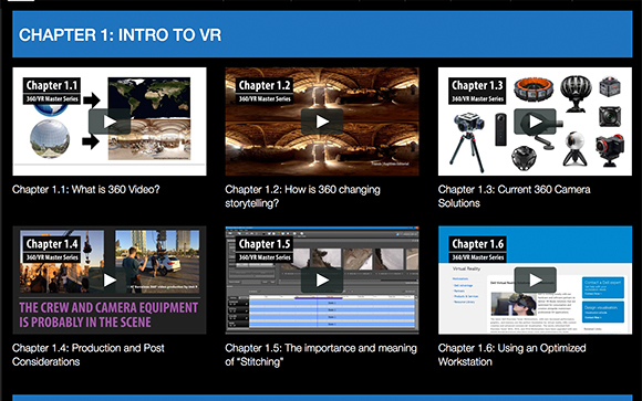 Grid of six video lesson thumbnails titled Chapter 1: Intro to VR, covering 360 video, storytelling, and equipment.