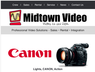 Midtown Video website header with navigation menu, company logo, and a Canon professional video camera.
