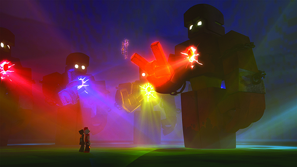Giant blocky figures with glowing eyes emit red, blue, and yellow light beams toward a small figure.