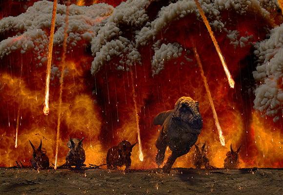 Dinosaurs run through fire and smoke as meteors fall from a dark, glowing sky.