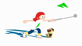 A red-haired person in a white shirt reaches out with a long stick toward a grey sphere, accompanied by a small dog.