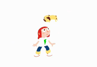 Cartoon illustration of a red-haired girl looking up at a small, yellow animal floating in the air.