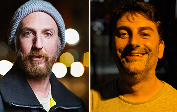Two portraits of men: one with a beard and grey beanie, the other smiling in warm lighting.