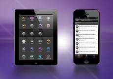 A black tablet and a black smartphone side by side, both displaying various application menus and icons.