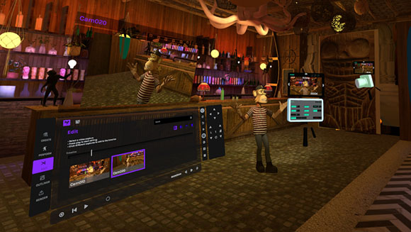 Animated characters in a virtual bar setting with digital video editing overlays and menus.