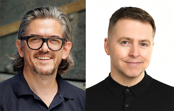 Two men smiling in headshot portraits against different backgrounds.