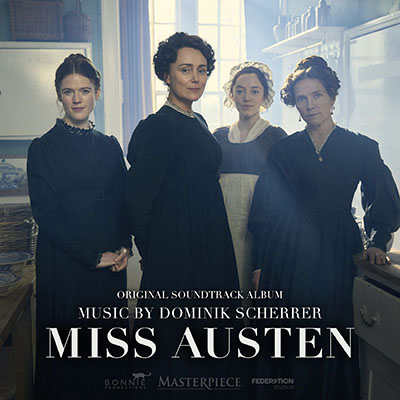 Four women in dark, historical dresses standing in a room, with text for the Miss Austen soundtrack below.