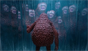 A large, textured reddish creature stands before a dark wall filled with numerous primate faces.
