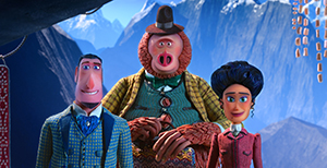 Three animated characters, including a large creature in a hat, pose against a backdrop of blue mountains.