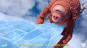 A large, reddish-brown furry creature reaches toward a massive block of ice against a cloudy sky.