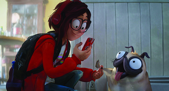 An animated girl with red hair and glasses looks at her phone while a pug stares up at her.