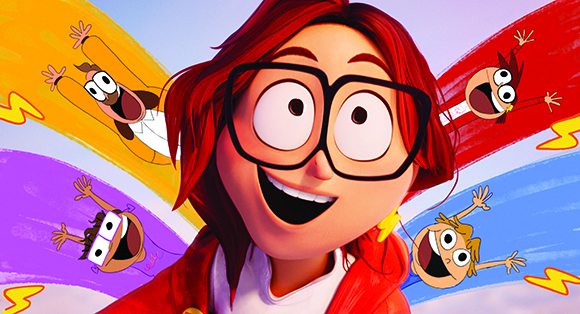Animated red-haired character with large glasses smiling, surrounded by smaller expressive characters.