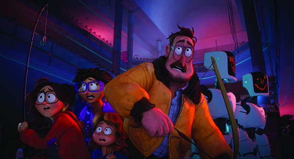 Four animated characters with wide eyes and open mouths look upward in fear toward a bright light.