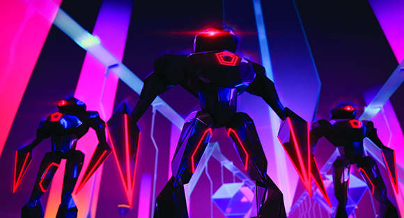 Three black robotic figures with glowing red accents stand in a neon purple and blue digital landscape.