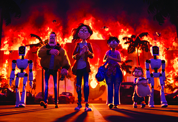 Animated characters walk toward the camera against a backdrop of intense orange and red flames.