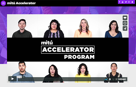Video grid showing eight diverse people in headshots with Mitú Accelerator Program text overlay.