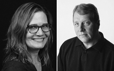 Black and white split-screen portrait of a smiling woman with glasses and a man looking forward.