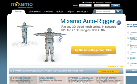 Mixamo website interface showing 3D character models and an Auto-Rigger promotional banner.