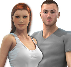 Digital rendering of a woman with red hair in a white tank top and a man in a grey v-neck shirt.