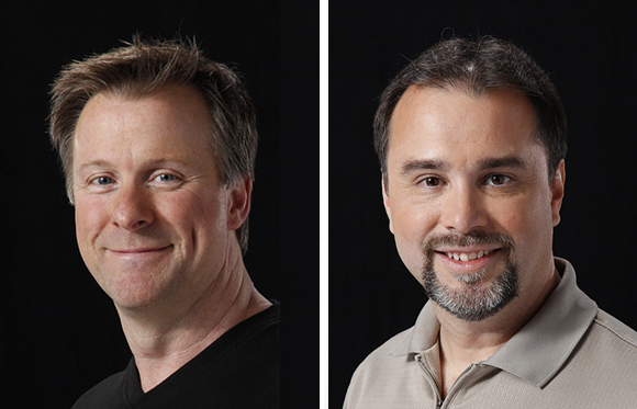 Two portrait headshots of smiling men against a solid black background.