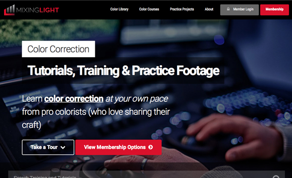 Mixing Light website landing page featuring color correction tutorials and training options.