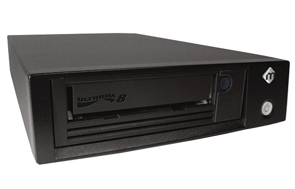 A black Ultrium 8 external tape drive with a power button and logo on the front panel.