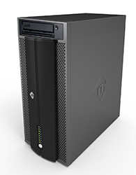 A dark gray vertical desktop computer tower with a disc drive and mesh front panel.