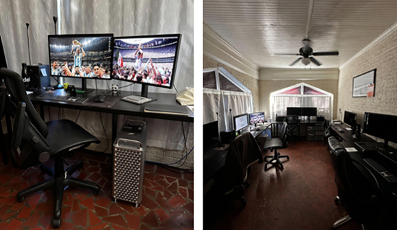 A close-up of a dual-monitor desk setup and a wide shot of a professional media editing room.