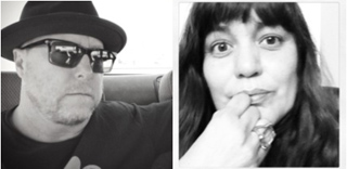 Black and white portraits of a man in a hat and sunglasses and a woman resting her chin on her hand.