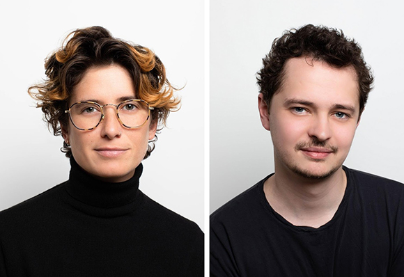 Two headshots: a person with wavy brown hair and glasses on the left, and a person with dark curly hair on the right.
